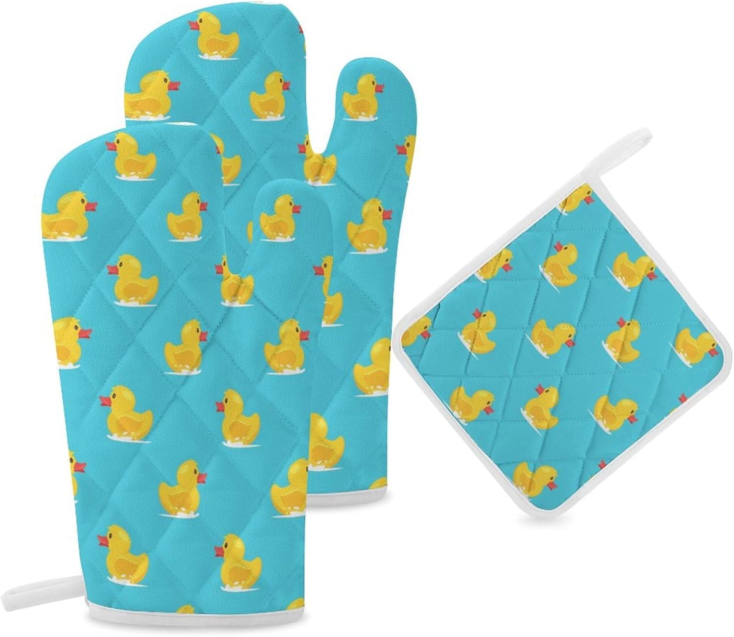 Yellow Rubber Duck Print Oven Mitts and Pot Holders 3 Piece Sets Heat Resistant Gloves Hot Pads Potholders for Kitchen Baking Cooking