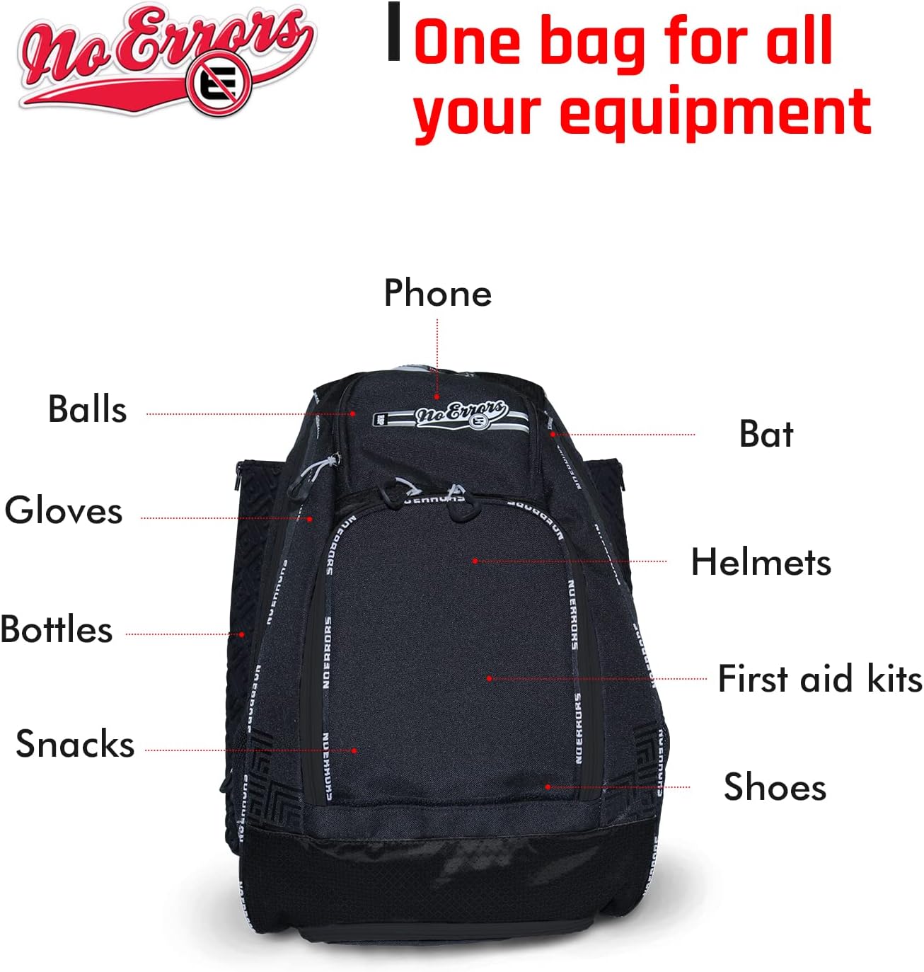 No Errors Sports RBP Rookie Baseball and Softball Backpack - Youth Baseball and Softball Bat Bag with Fence Hooks - Baseball and Softball Equipment Bag for Kids