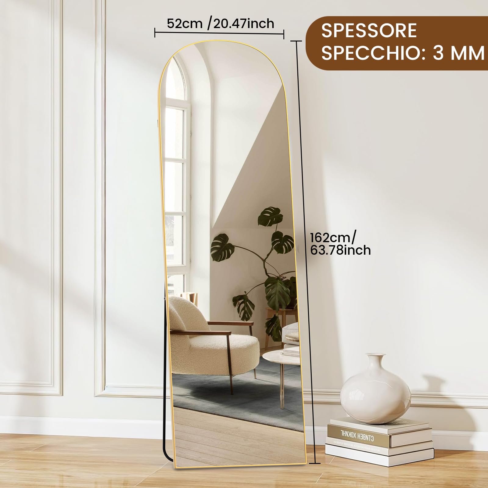 Specchio a Figura Intera, Specchio da Terra ad Arco con Cornice in Alluminio 162 x 52cm, Vetro Temperato, Specchi da Parete Lungo da Appendere o Appoggiato, per Camera da letto Ingresso, Oro