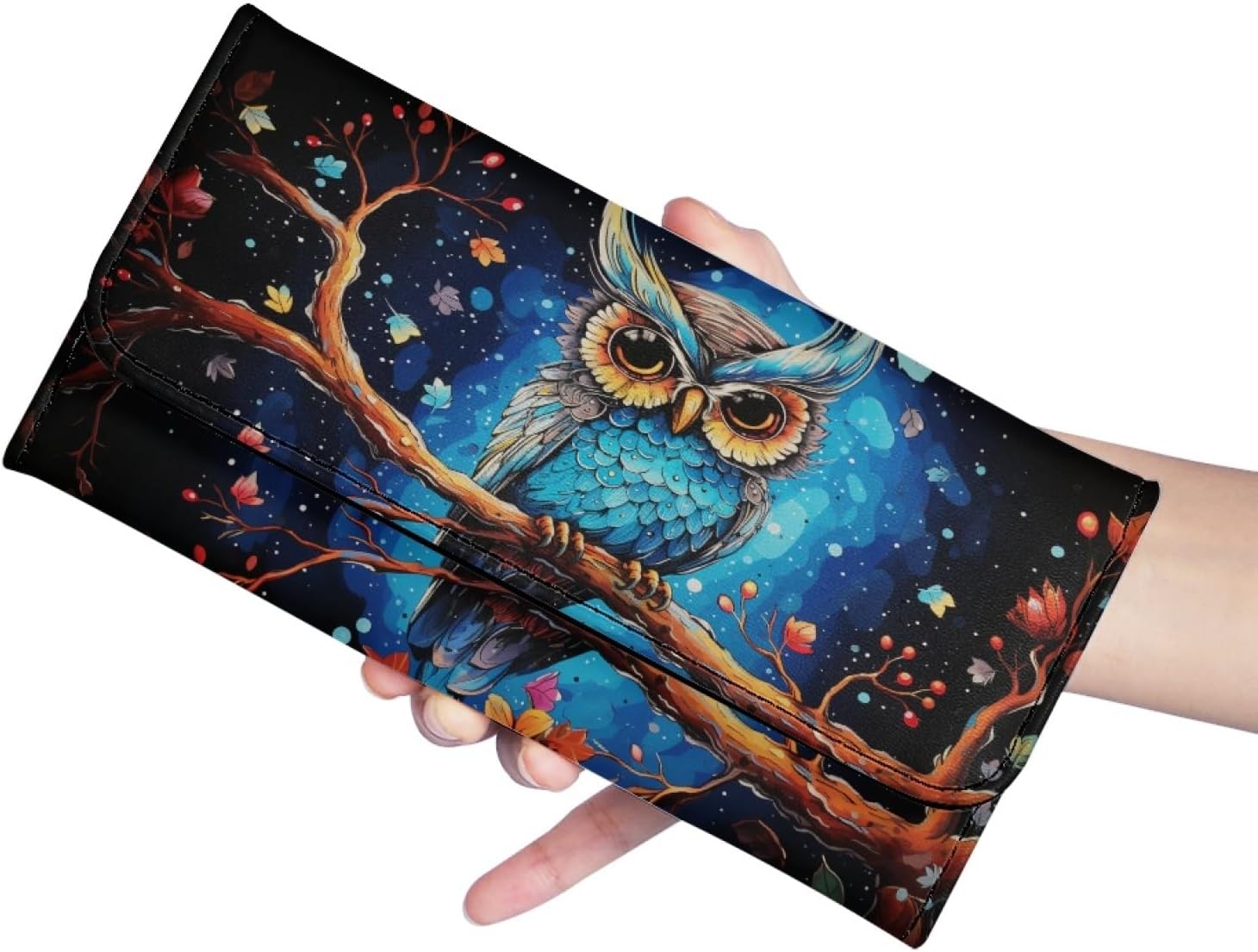 Blue Owl Zipper Coin Purse Card Cases Holder for Women Cartoon Owl Slim Long Wallet Starry Night Bird Art Print Extra Capacity Card Holder, With ID Window - Image 5