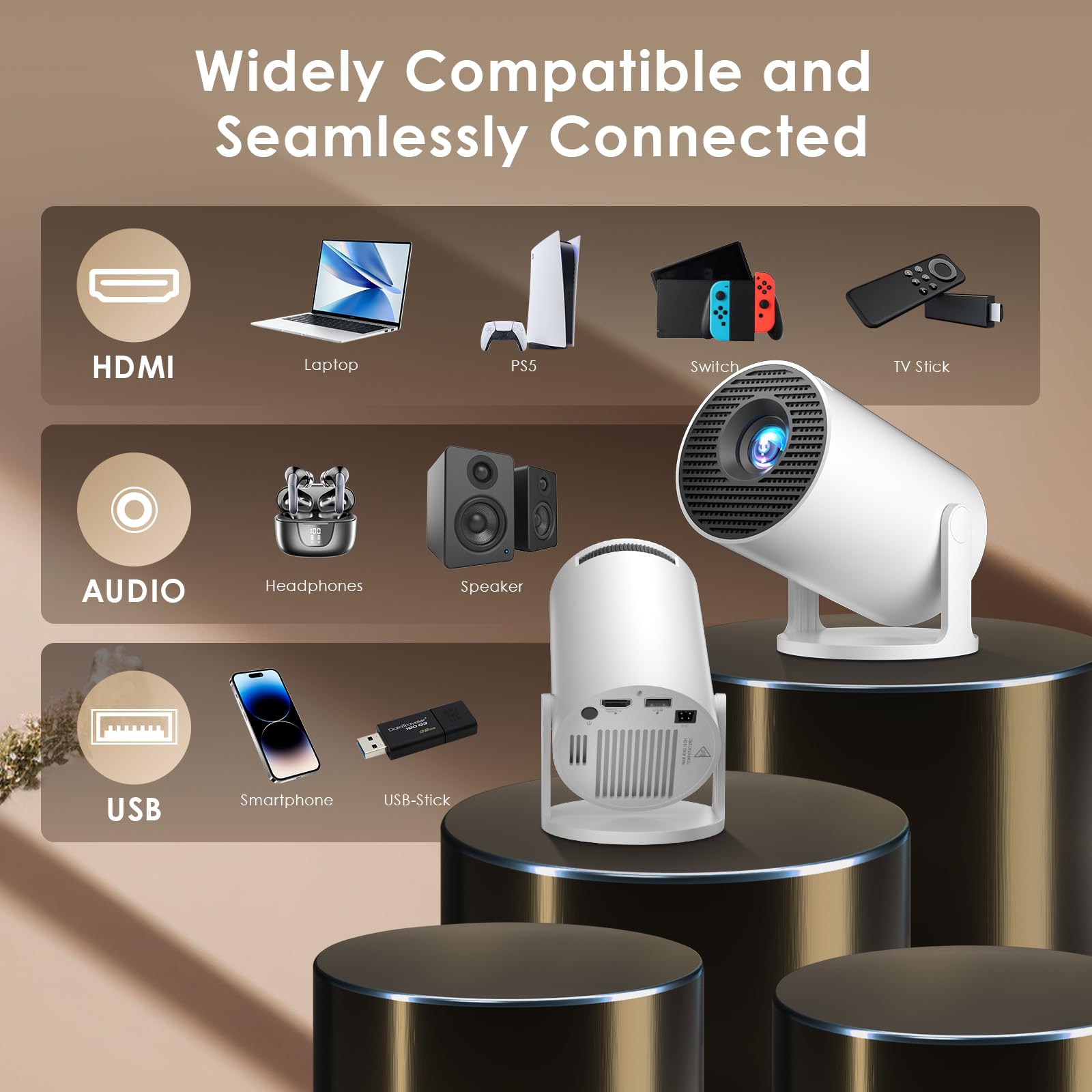 Salange Mini rzutnik, 4K, obsługuje inteligentny projektor z systemem Android, przenośny projektor wideo z WiFi 6 i Bluetooth 5.2 Auto Keystone, mały telefon komórkowy, do kina domowego, na zewnątrz