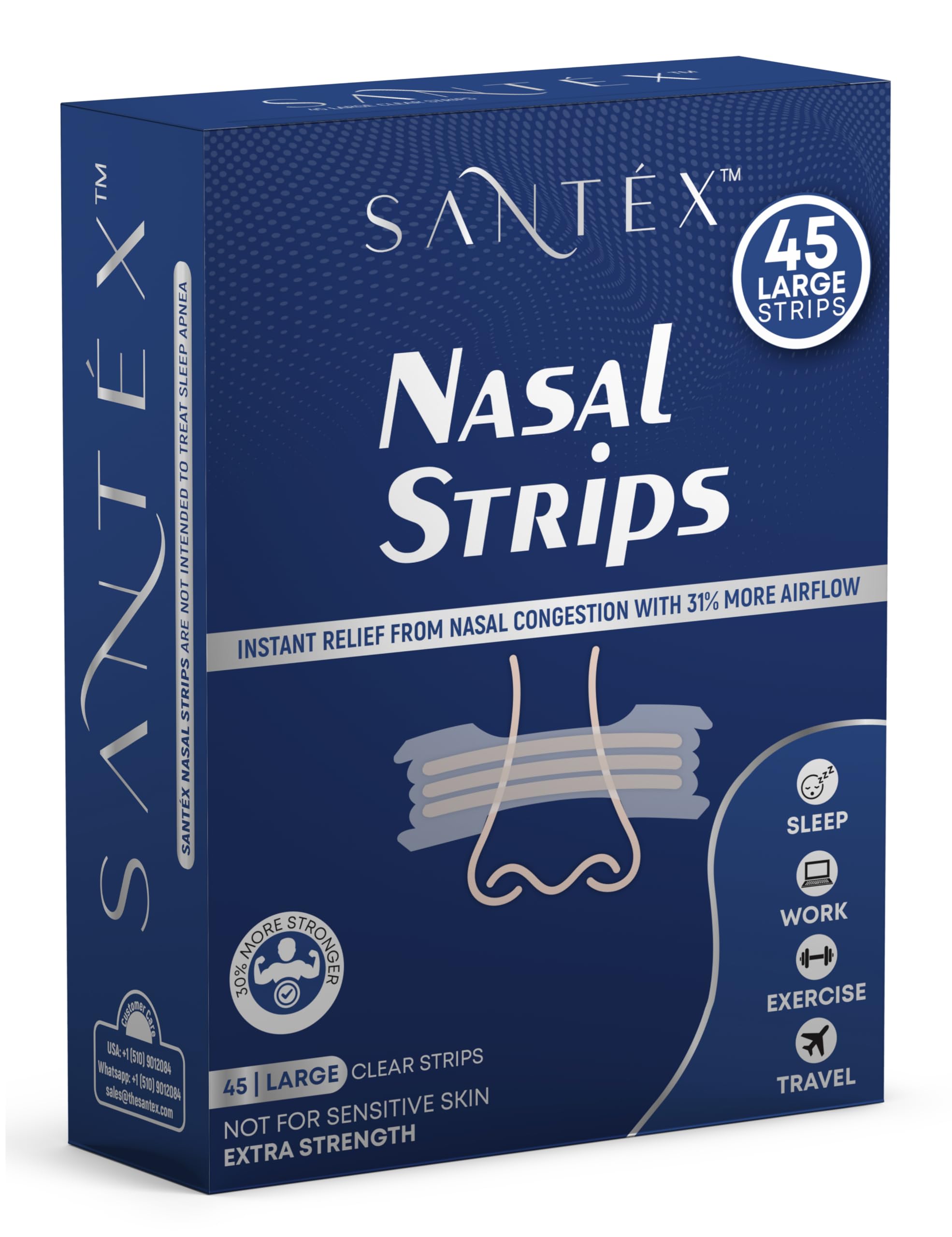 Large Clear Nasal Strips for Snoring Solution, Extra Strength, Nose Strips for Breathing Efficiency, Drug-Free Nasal Congestion Relief, Cold & Allergy, 45 ct., 30% more Stronger