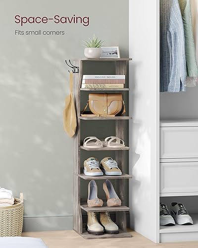 Miniatura 4 de VASAGLE Zapatero vertical de 7 niveles, organizador de almacenamiento de zapatos estrecho con ganchos, estante de torre de esquina delgada, ahorro