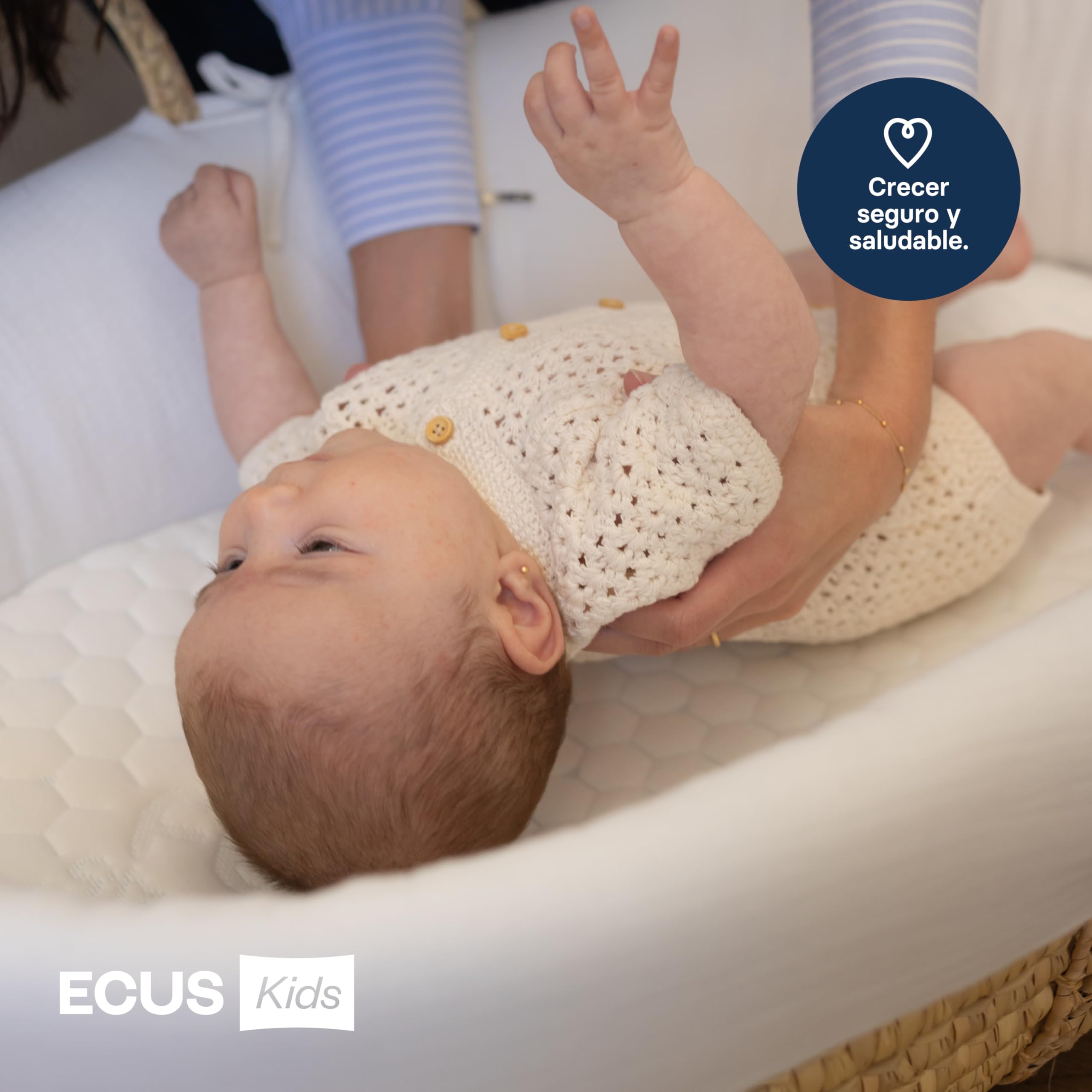 Ecus Kids, Colchón de Capazo Care Mini 75x40 cm, Hipoalergénico con Tratamiento Antimicrobiano, Extra Transpirable, Firmeza Adecuada, Tejido Xtra-Cool con Altura 5 cm