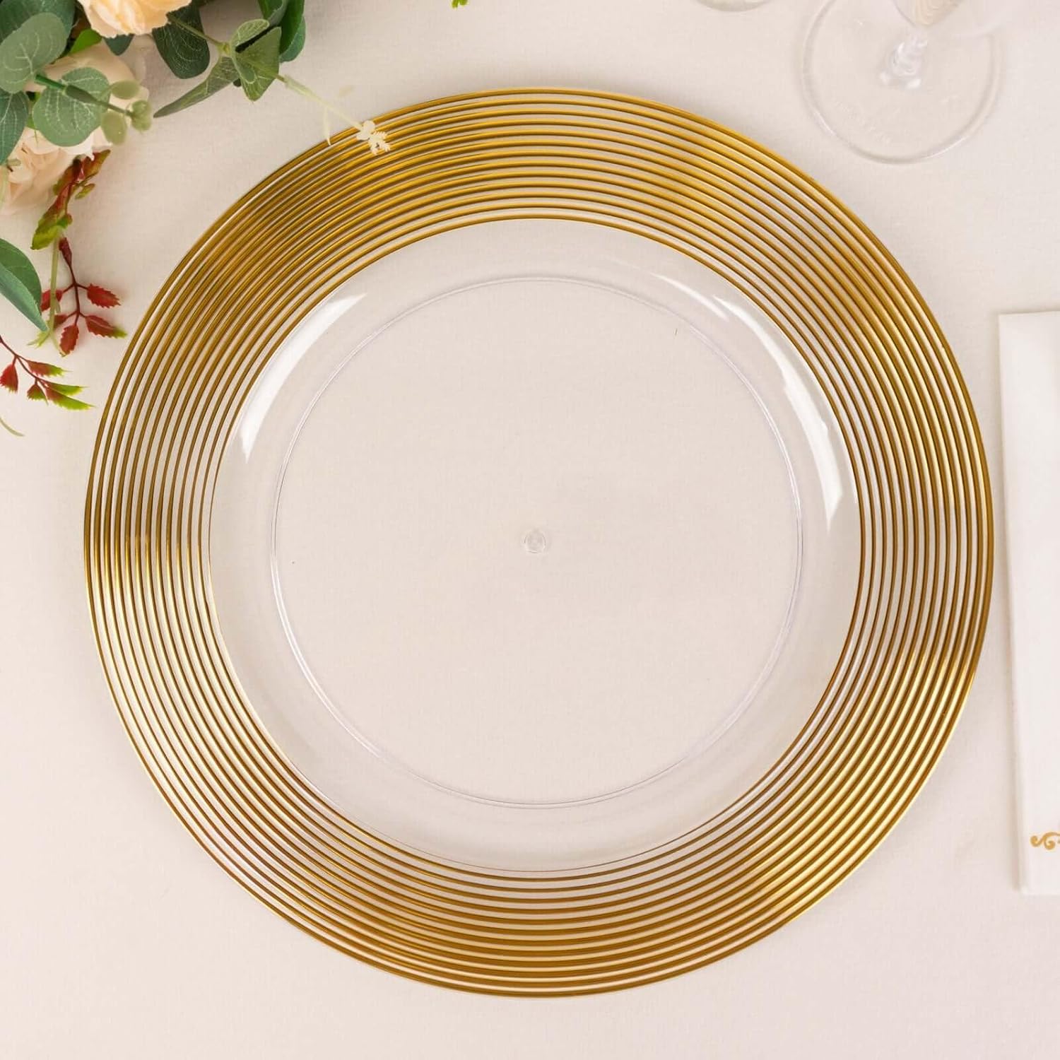 Efavormart 6-Pack 13" Clear Gold Lined Rim Wedding Charger Plates, Round Dinner Serving Trays with Elegant Ringed Rim for Receptions and Parties