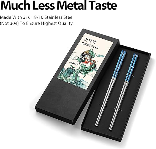 Miniatura 9 de Hagary Palillos de dragón de metal reutilizables diseñados en Corea, estilo japonés, acero inoxidable 316 1810, antideslizantes, 2 pares, aptos para