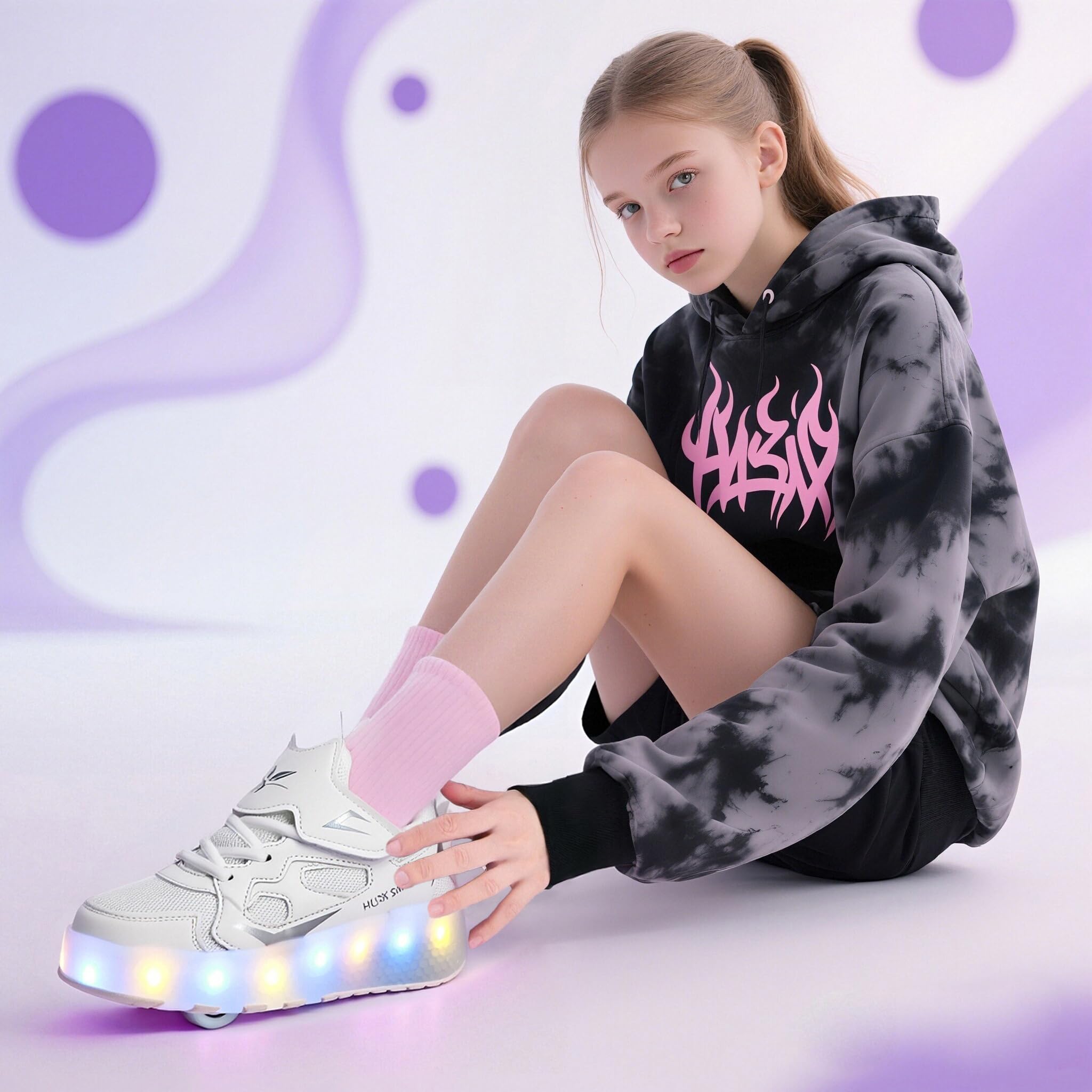HUSKSWARE Chaussures de Skate à Deux Roues pour Enfants, avec lumière Changeante Ajustable et Recharge USB, Universel pour garçons et Filles, Noir, Rose, Or, Argent, Tailles 28 à 41 EU.