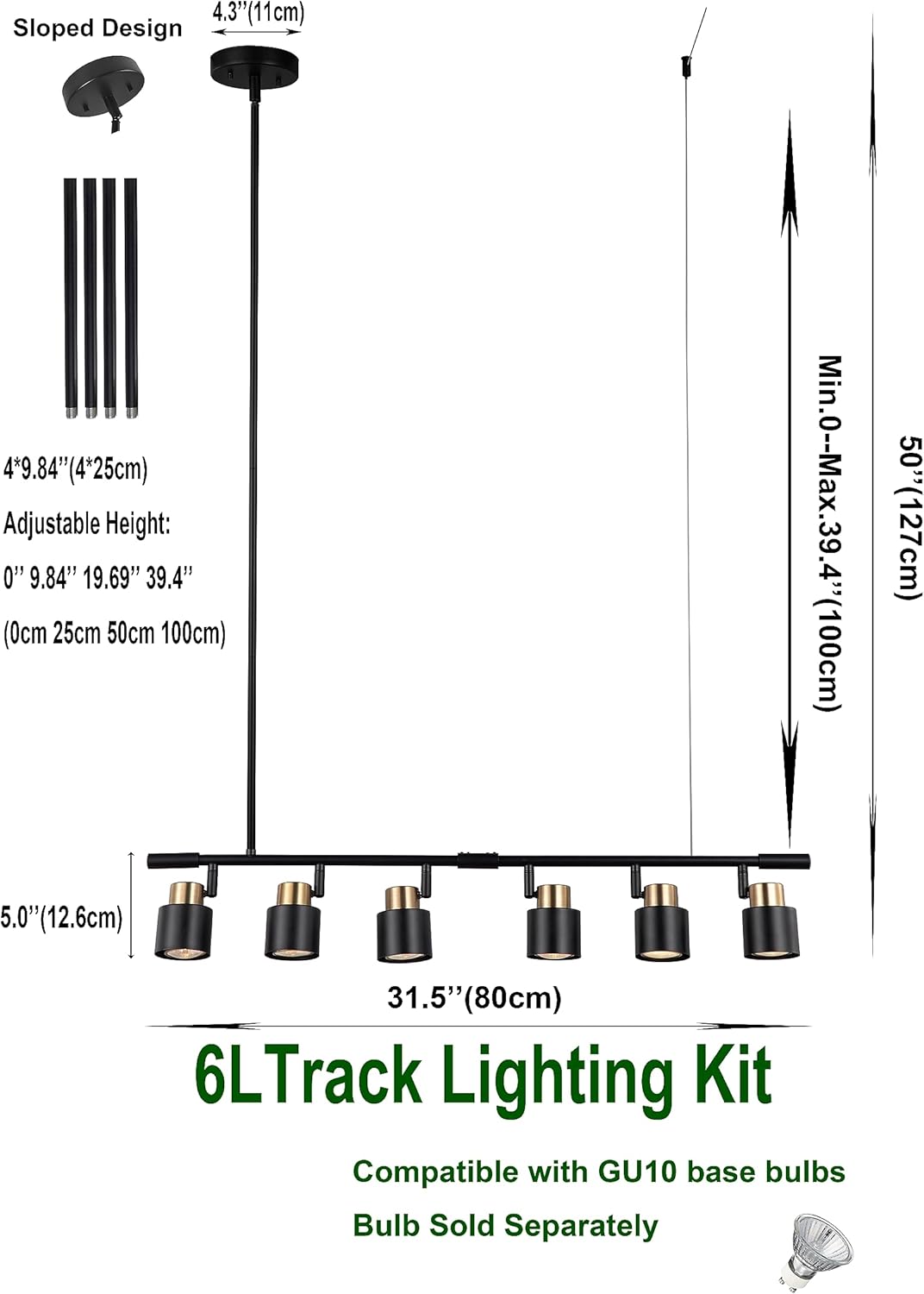 6 Light Track Lighting Kit, Matt Black Brass Finish Adjustable Height with Moden Flush Mount Ceiling Spotlight for Kitchen,Dining,Living Room,Home Improvement