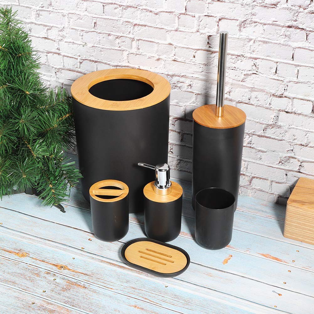 Juego de Estuches de Almacenamiento para Accesorios de baño, 6 Piezas de Herramientas de Inodoro para baño, Bote de Basura, Botella de loción, Bandeja de jabón, Cepillo de Dientes(Negro)