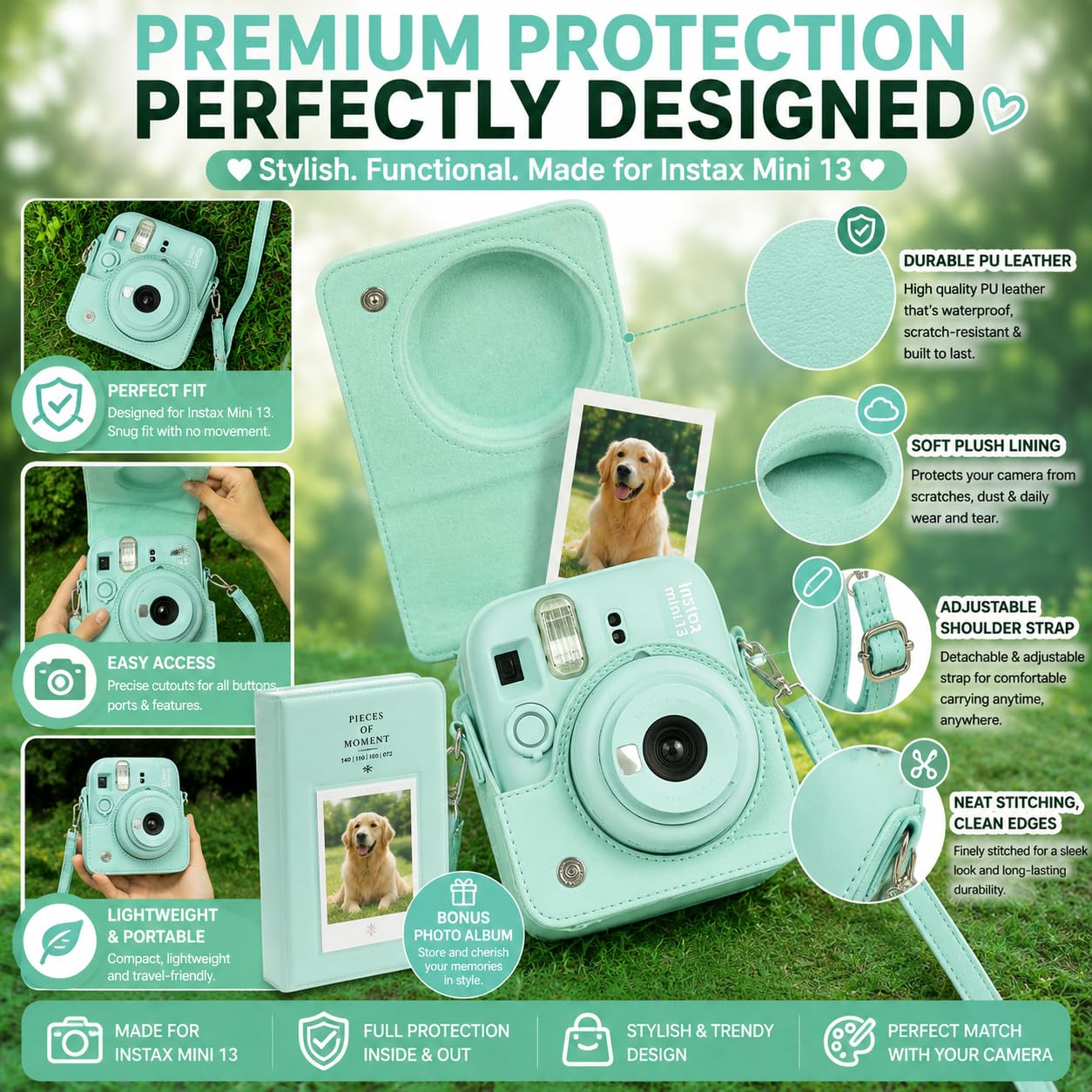 Mini 13 Instant Camera Premium Kit per Fuji Instax Mini 13 Lagoon Green include custodia Lagoon Green Mini 13, mini pellicola da 20 scatti, mini album fotografico e kit completo di accessori per