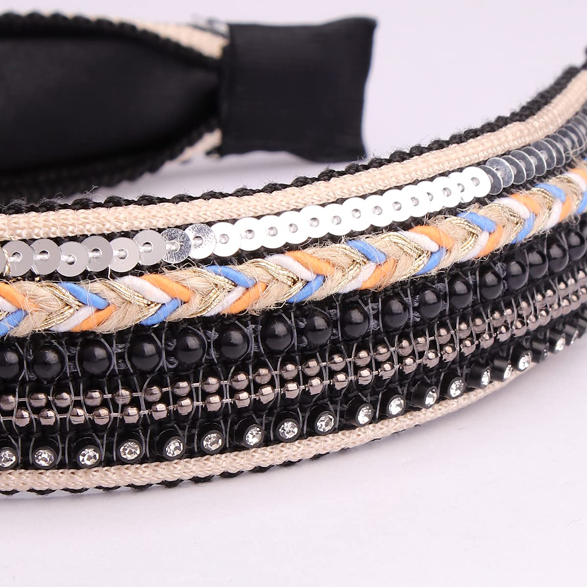 TOBATOBA Knotted Headbands for Women Sequins Pearl Headband Top Knot Head band Turban Boho Head bands for Women Beaded Wide Hairband Fashion Elegant Ladies Hair Band 3 Pack (Black, White, Red) - Image 5