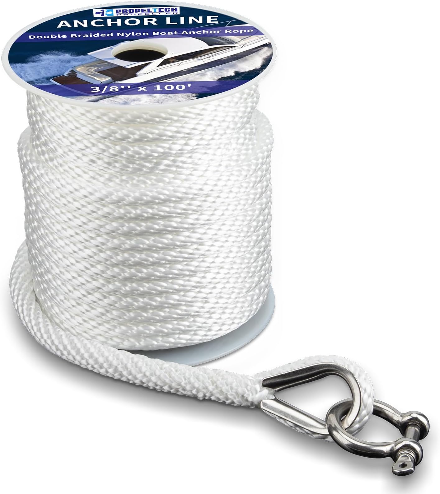 Anchor Rope Braided Anchor Line(White, 3/8" x 100') Premium Solid Braid MFP Boat Rope with Stainless Steel Thimble & Shackle, Quality Marine Line, Boat Accessories