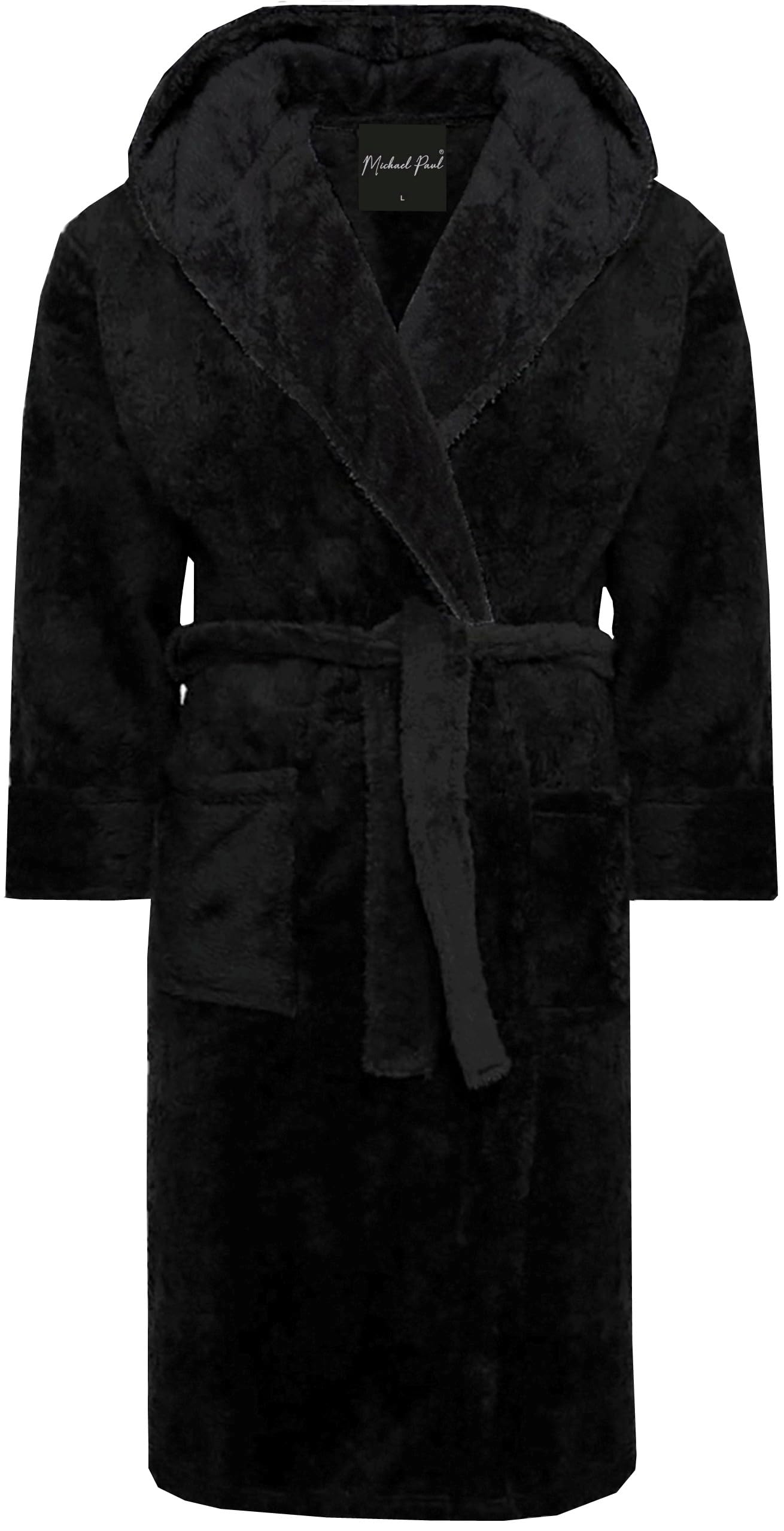 Michael Paul Men's Black/Black Sheen Dressing Gowns For | Super Soft Snuggle Hooded Dressing Gown In | Warm And Cozy Fleece Nightwear Robe | Gifts For Him Sheen L