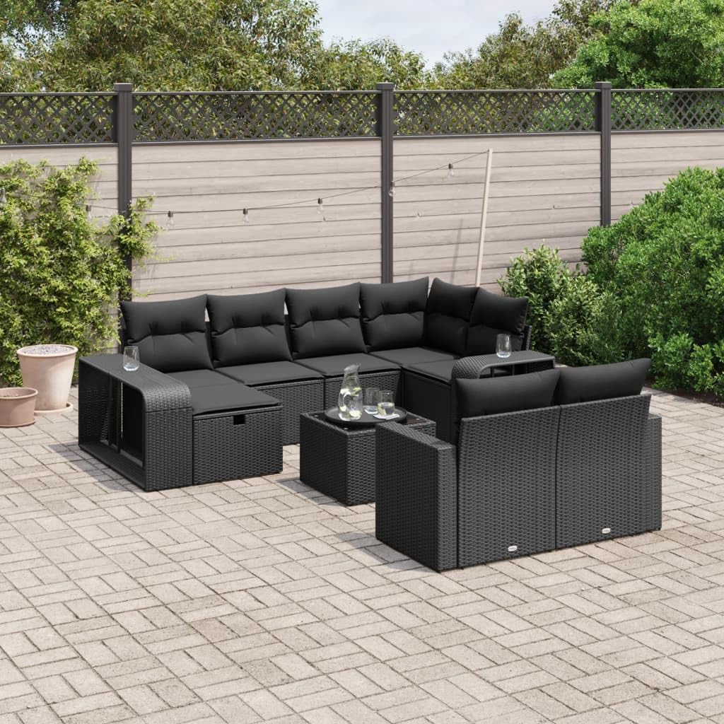 Juego de sofá modular de ratán sintético para jardín con espacio de almacenamiento y fundas de almohada extraíbles, 11 piezas, color negro