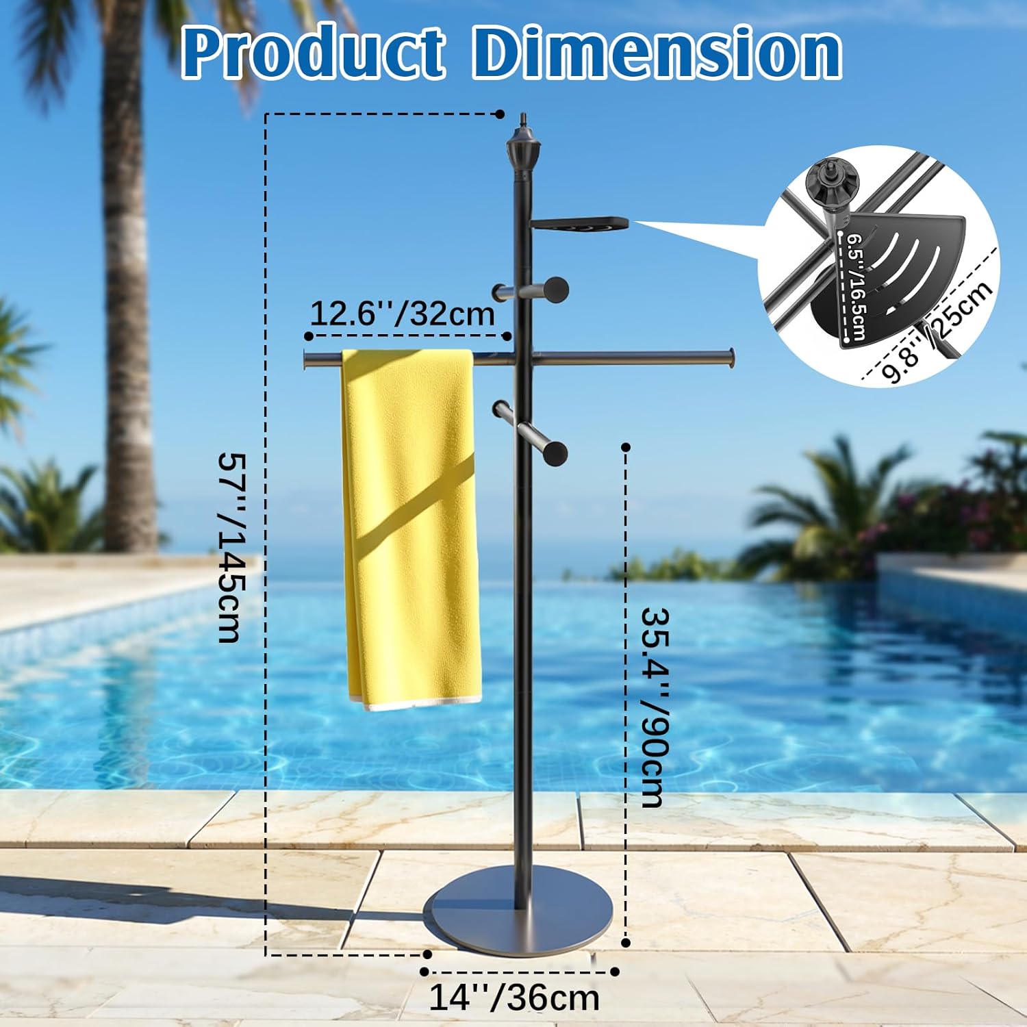 Housolution Pool Towel Rack Outdoor, 57" Tall Free Standing Towel Rack with Storage Tray and 6 Bars, with Heavy Metal Base, Ideal Accessories for Pool Hot Tub, Black