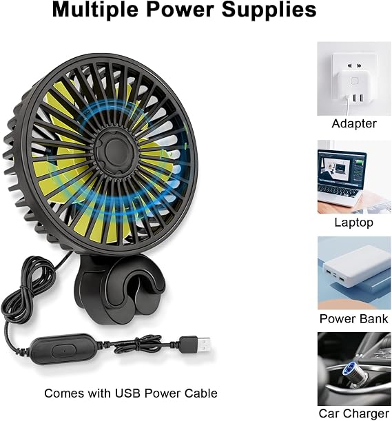 Qidoe Car Fan for Backseat, USB Powered Car Rear Seat Headrest Fans, 3 Speeds and 360 Degree Rotatable Cooling and Powerful Air Circulation Fans for Sedan, SUV, RV, Pickup, Truck, Van, Golf Vehicles