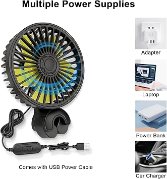 Qidoe Car Fan for Backseat, USB Powered Car Rear Seat Headrest Fans, 3 Speeds and 360 Degree Rotatable Cooling and Powerful Air Circulation Fans for Sedan, SUV, RV, Pickup, Truck, Van, Golf Vehicles