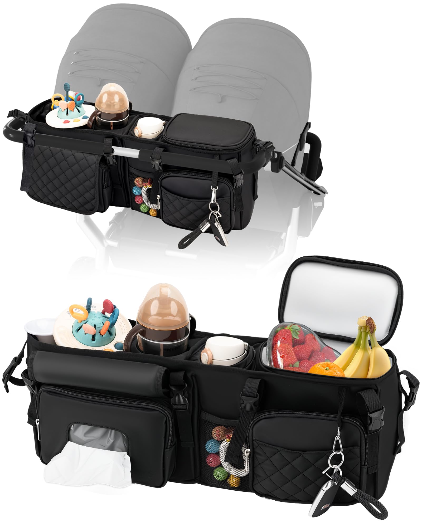kcross Double Stroller Organizer Bag for Bob Duallie and Baby Jogger City Mini Gt2, Double Stroller Caddy Organizers with Cup Holder,Universal Parent Console Stroller Accessories with Cooler Pockets