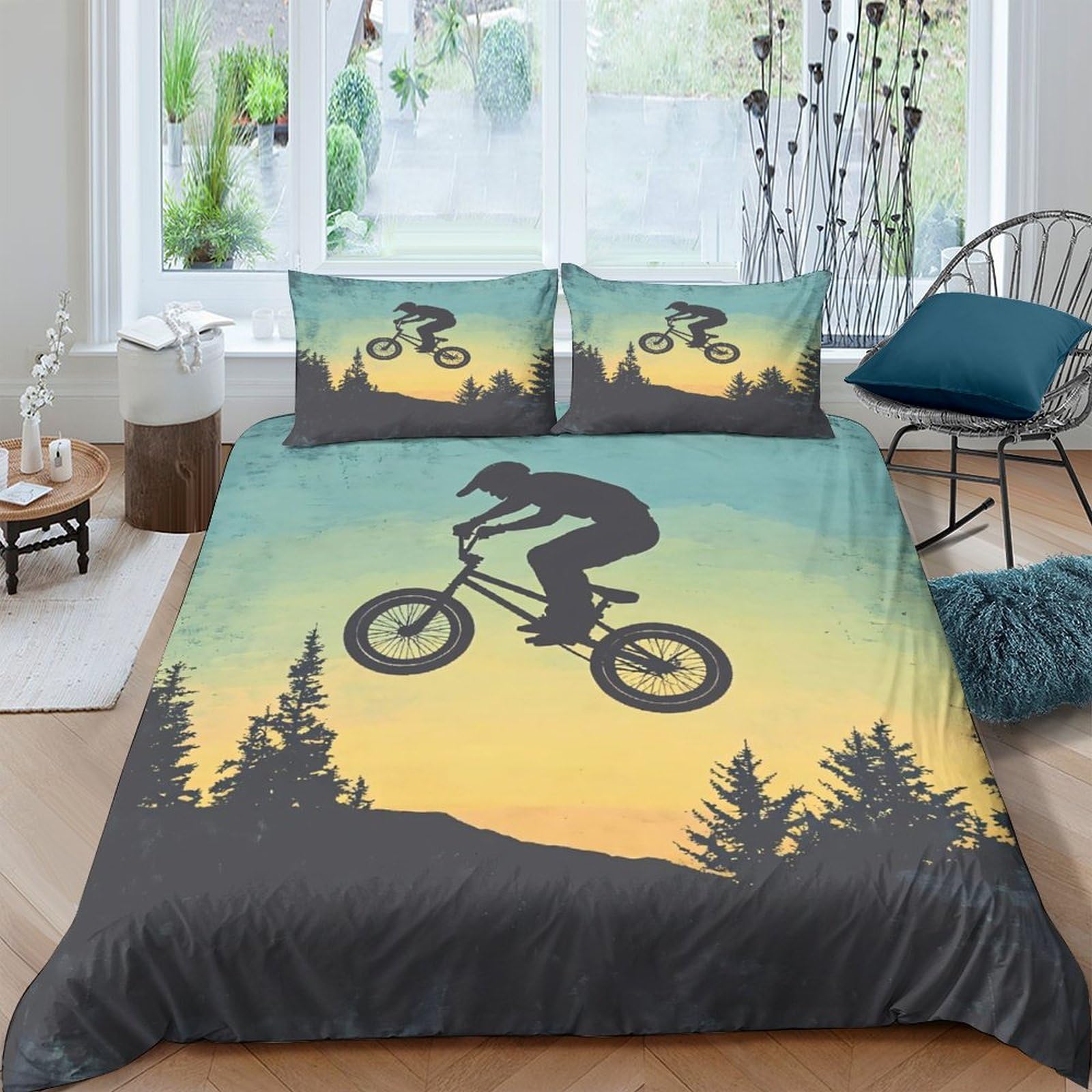 Ctjqhvkz Style-1 3D Printed Sunset Forest Fitted Sheet Microfiber Soft Breathable Mountain Biker Bed Cover For Bedroom Decor Single（135X200cm）