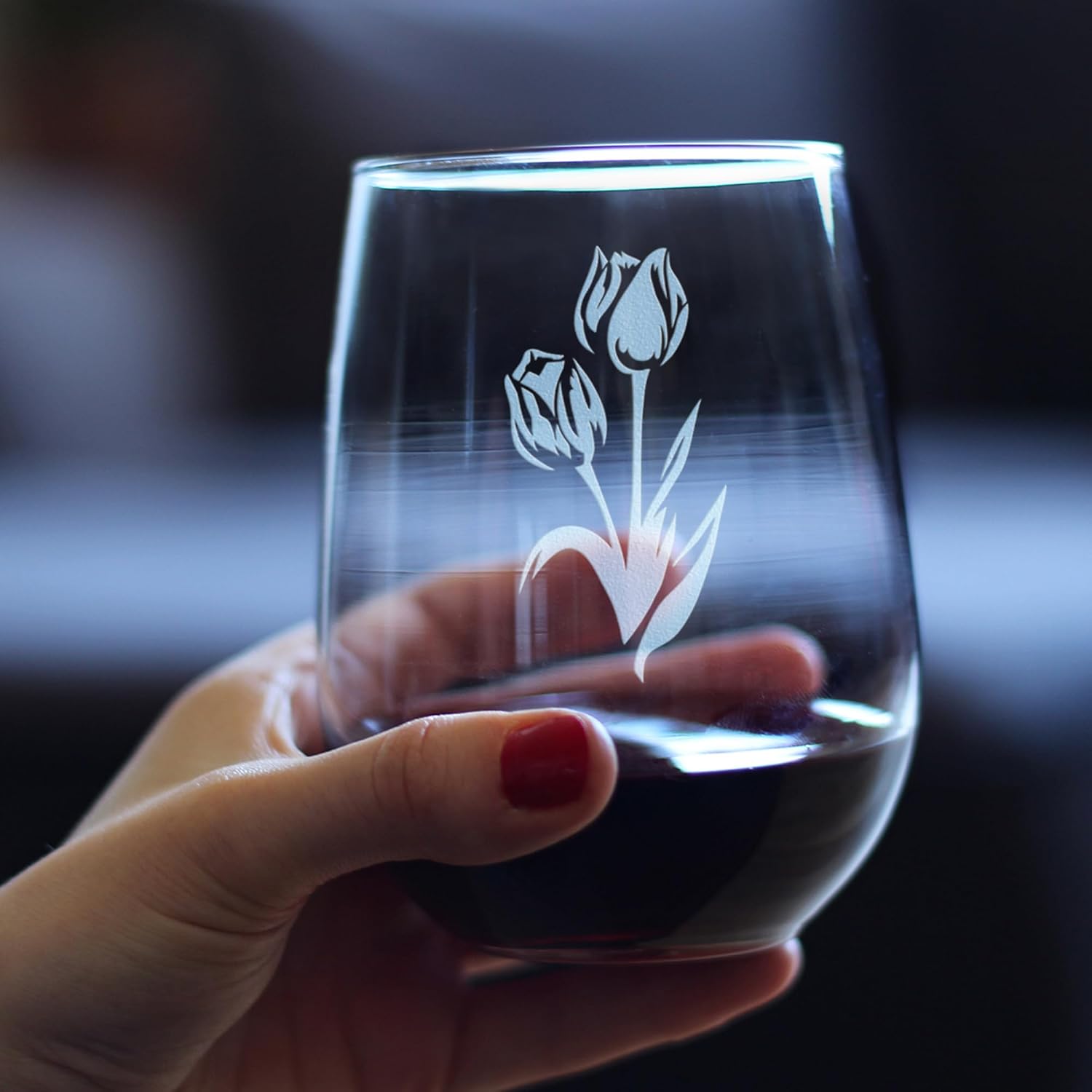 Bevvee Tulip Stemless Wine Glass - Floral Themed Decor and Gifts for Flower Lovers - Set of 2 - Large 17 Oz Glasses