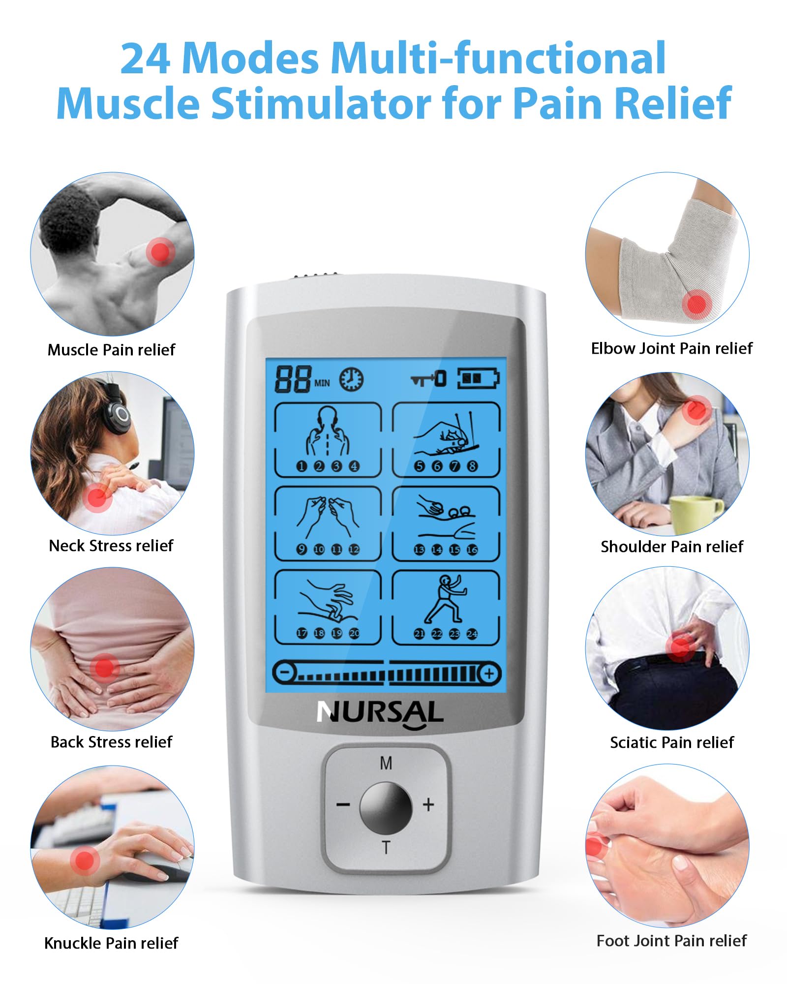 NURSAL 24 Modes TENS Unit Muscle Stimulator for Pain Relief, Rechargeable Electronic Pulse Massager, 8 Pcs Pads, Drug-Free Pain Relief for Shoulder, Back, Muscle, ABS Pads Holder — Amazon image 4