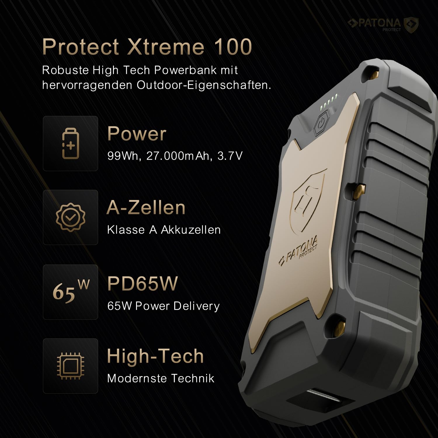PATONA Protect Powerbank Extreme 100, 27000 mAh, PD 65W, IP66 | Zewnętrzny akumulator z wodoszczelną obudową IP66, szybkie ładowanie oraz wygodne ładowanie bezprzewodowe