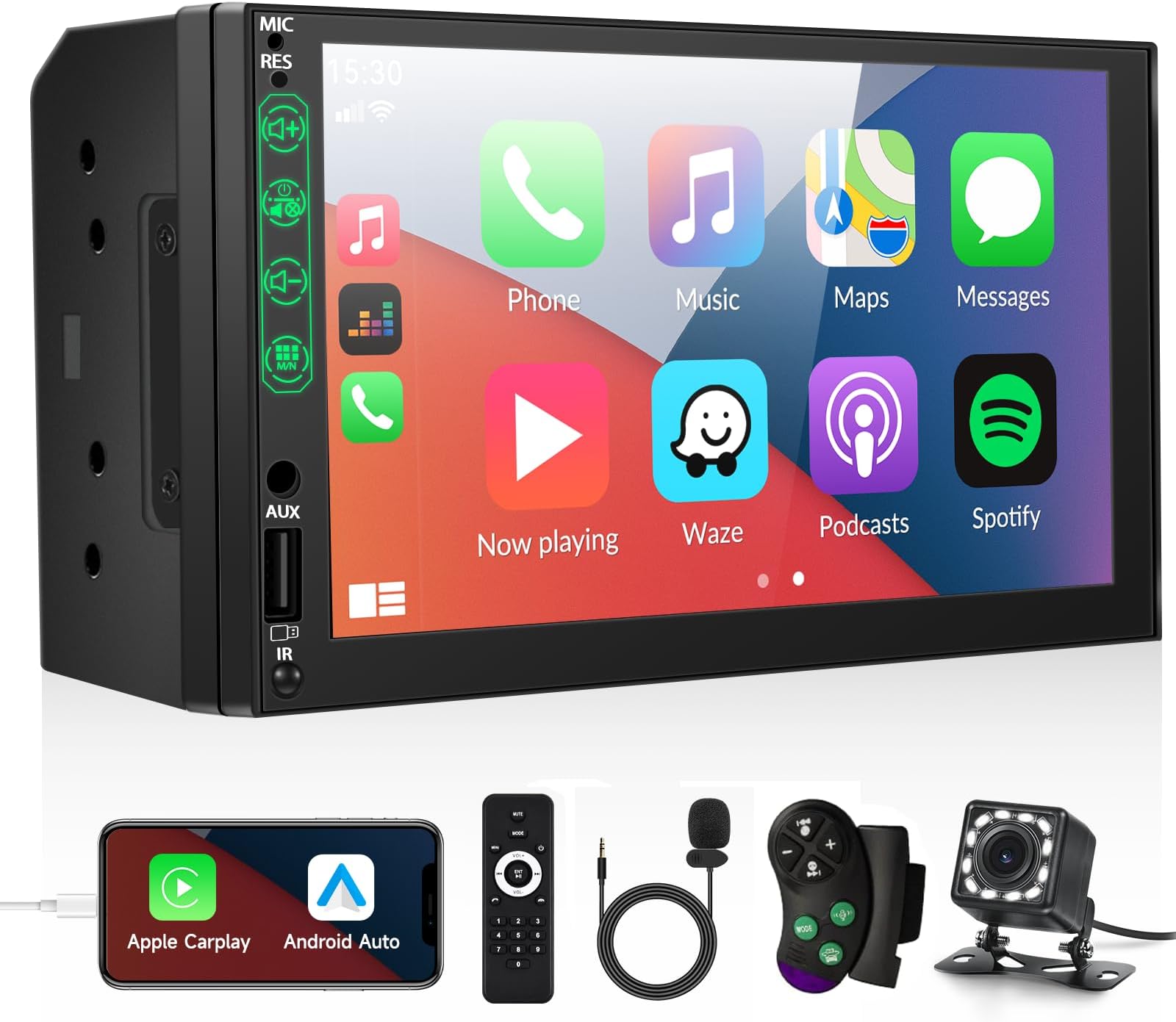 UNITOPSCIDouble Din Car Stereo Compatible with Apple CarPlay Android Auto Voice Control 7 Inch Touchscreen Bluetooth FM Radio Receiver with Backup Camera Mirror Link Microphone USB/SD/AUX Input SWC