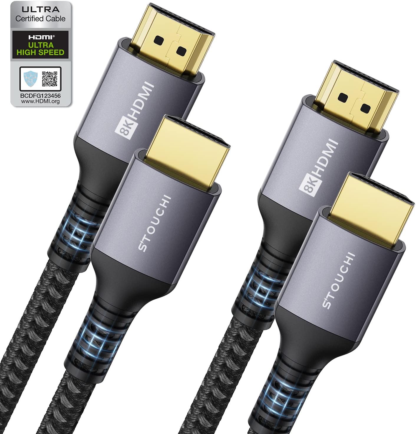 8K HDMI Cables 2-Pack 6.6FT, Stouchi (Certified) 48Gbps Ultra High Speed HDMI 2.1 Cord, 8K@60Hz 4K@120Hz 144Hz, HDCP 2.2&2.3, SBTM, Dynamic HDR, eARC Compatible with Apple TV 4K/Roku TV/PS5/Blu-ray