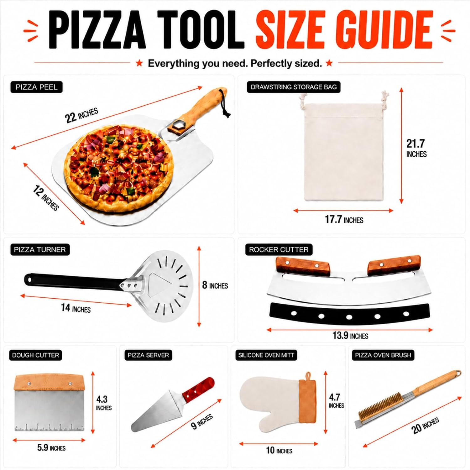 Pizza Peel Set, 8 Piece Pizza Oven Accessories Kit, 12x14 Inch Aluminum Pizza Paddle with Foldable Wooden Handle, 8 Inch Perforated Mini Peel, Rocker Cutter, Scraper, Server, Brush, Glove & Bag
