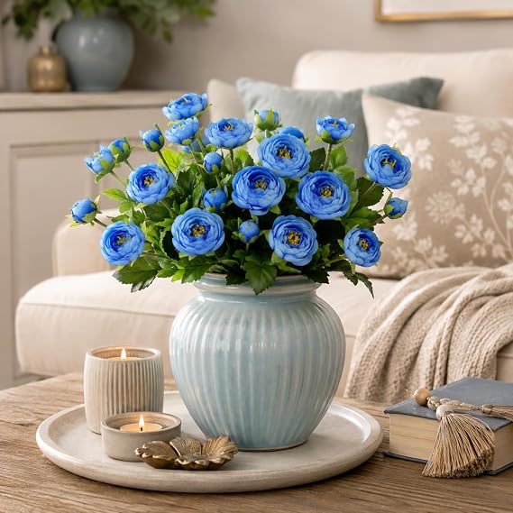 Blue Artificial Flowers Outdoor 28 cm Fake Camellia with Stems Decoration Camellia Beautiful Faux Flower Table Decorations Floral Arrangement 0907