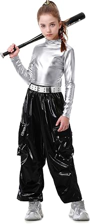 LOLANTA Metallic Dance Tops for Girls Long Sleeve Cropped Top Kpop Costume