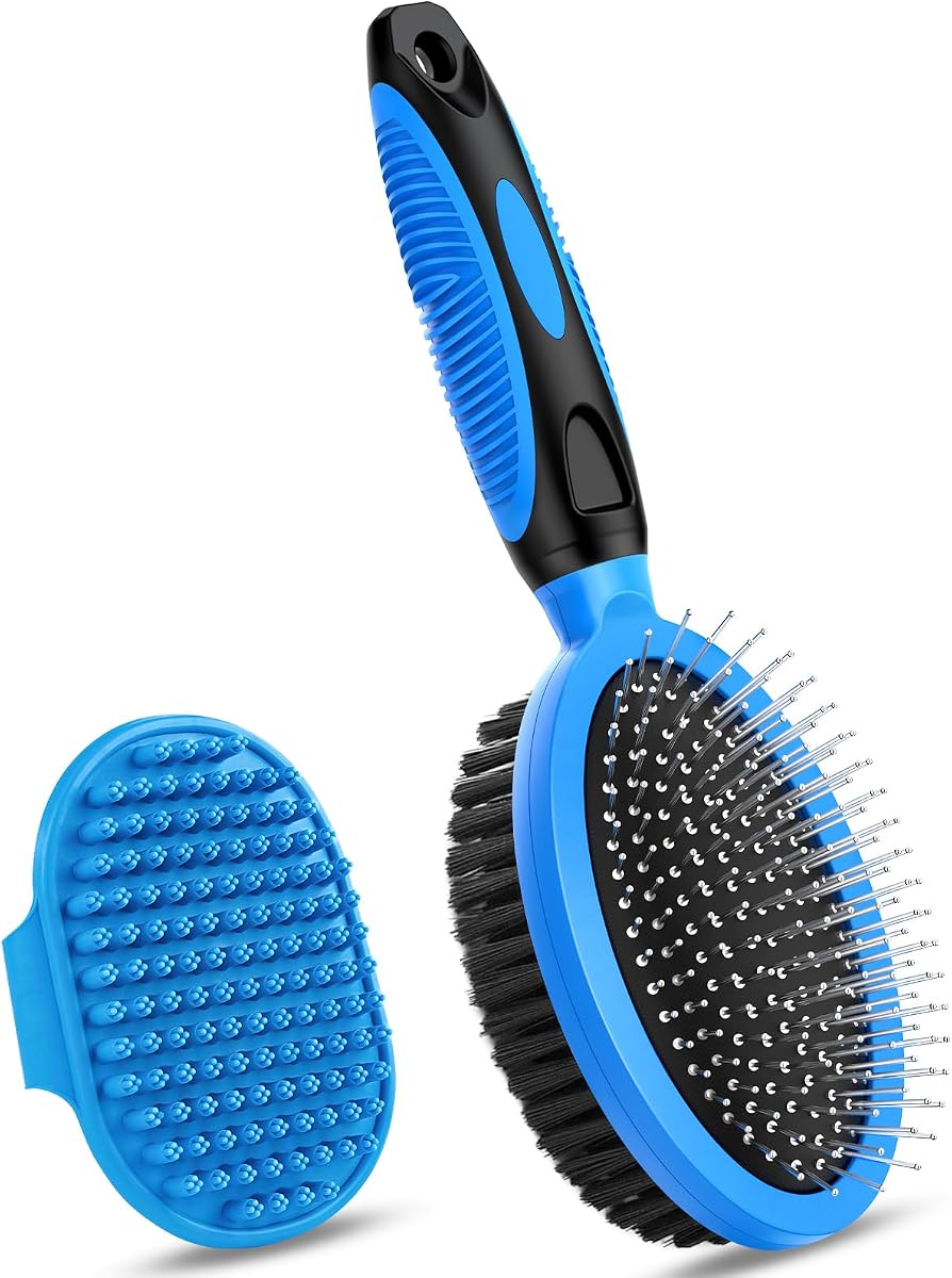 2 herramientas de aseo para mascotas – Cepillo de doble cara para mudar y bañarse, adecuado para perros de pelo corto/largo, gatos y caballos, cepillo para perros, peines de melena y cola para caballos – Suministros para mascotas (azul)