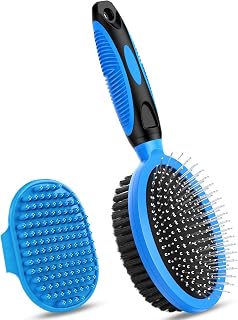 UGNEL 2PCS Pet Grooming Tools: Double-Sided Deshedding Brush & Bath Brush for Dogs Cats Horses, Short Long Hair, Mane Tail Comb (Blue)