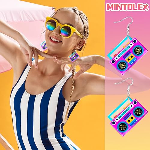 Miniatura 4 de Aretes de los años 70, 80 y 90 para mujer, aretes retro de cinta de cassette acrílica, aretes colgantes para Halloween, cosplay, fiesta brillante,