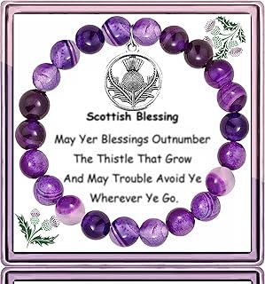 Sassenach Gift Scottish Thistle Bracelet,Celtic Thistle Charm Thistle Blessing Amethyst Beads Thistle Flower Jewelry,Scottish Thistle Jewelry for Women