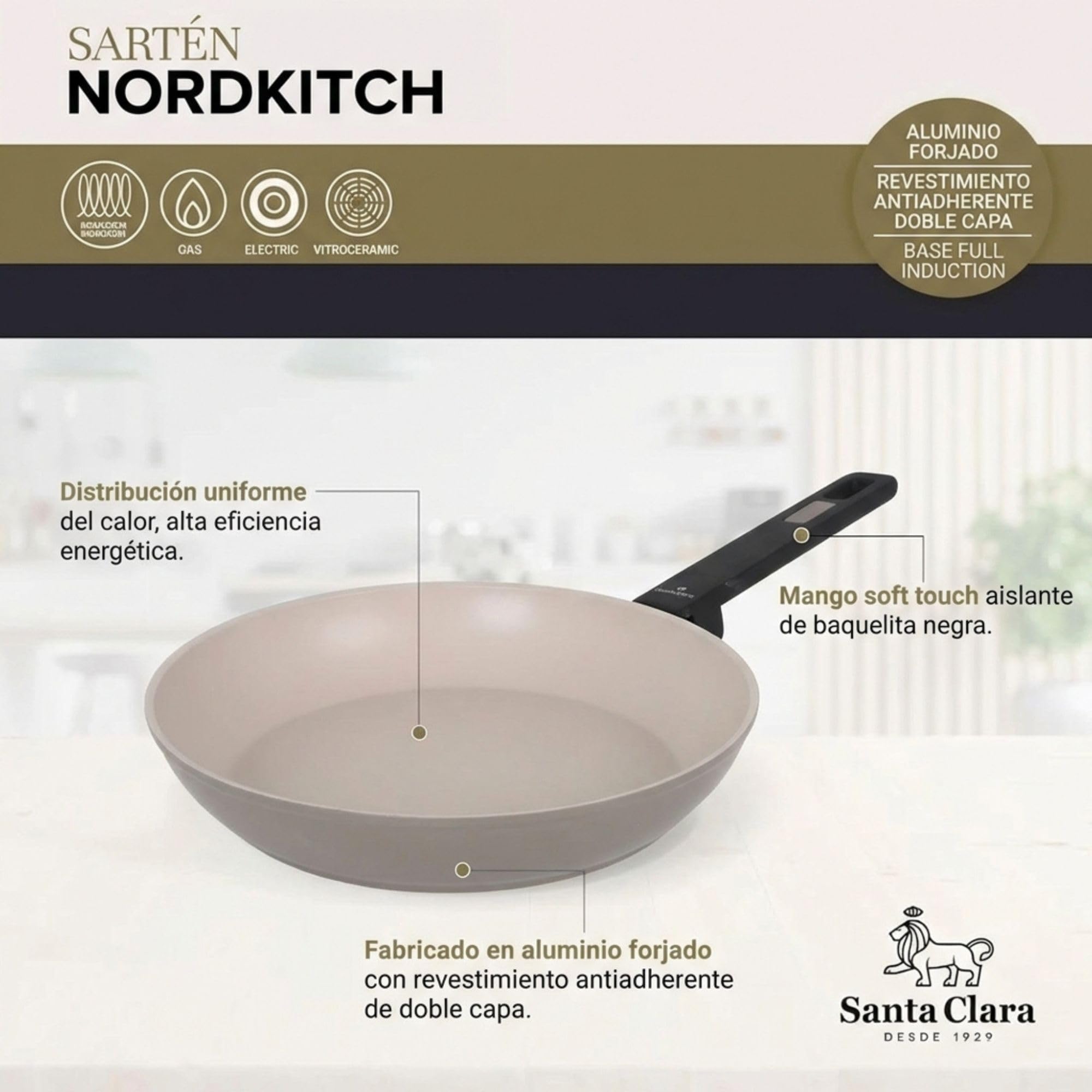 SANTA CLARA | Juego de Sartenes Nordkitch Pack 3 (20, 24 y 28 cm) aluminio forjado 3,2 mm con mango soft touch, sartenes antiadherentes doble capa full induction, aptas para inducción, gas y vitro