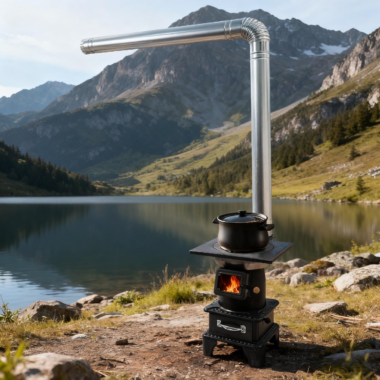 Outdoor Wood Burning Stove with Chimney, Camping Wood Stove with Ash Drawer & Adjustable Airflow, Portable Heating Stove for Outdoor Heating Cooking Ice Fishing