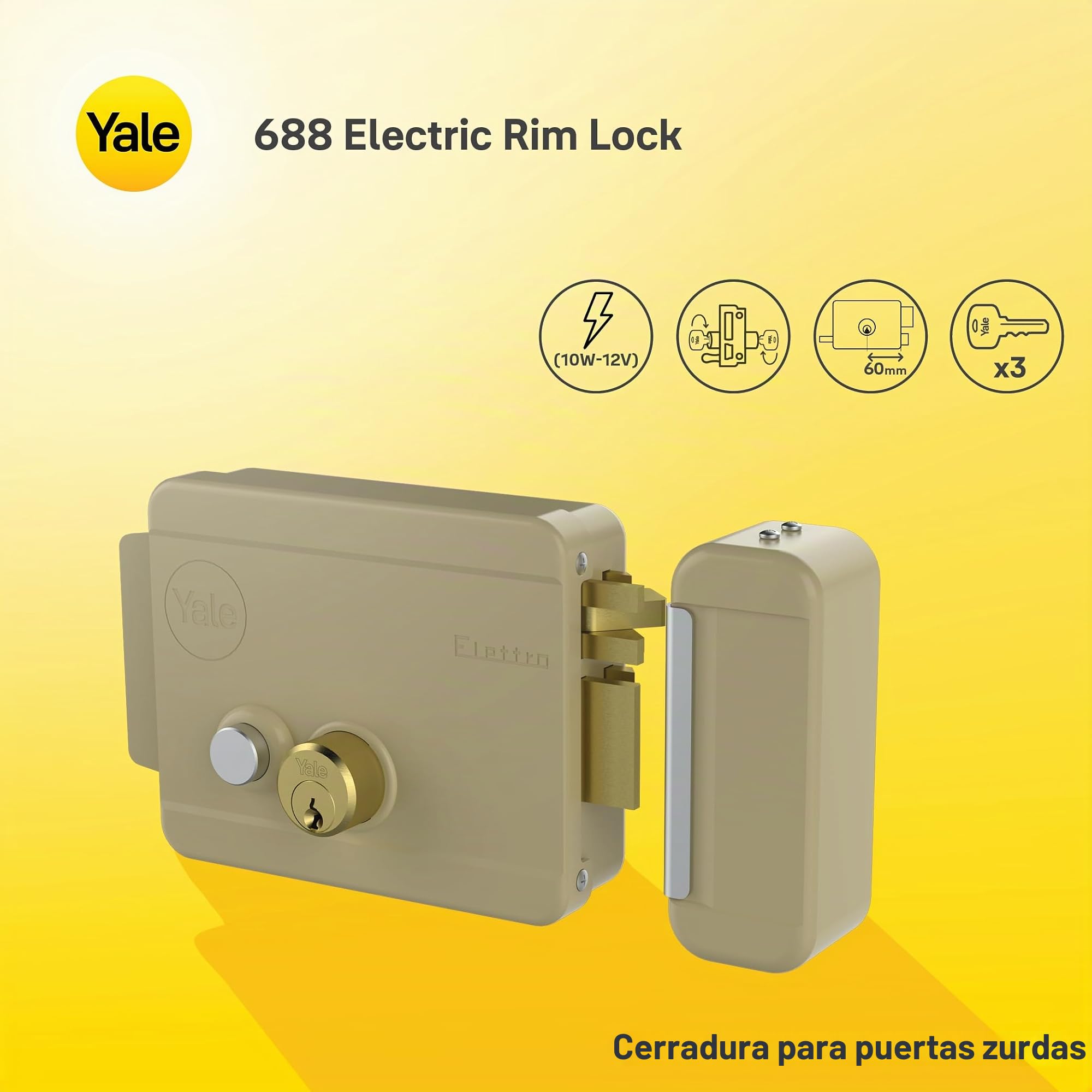 YALE Cerradura eléctrica de aplicar Y68800602 SX C/K y pulsador, acero pintado, apertura con llave y pulsador eléctrico de pulsador
