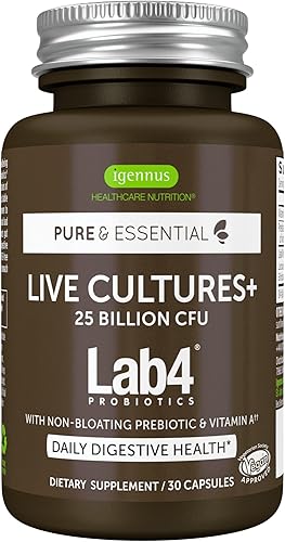 Probióticos Live Cultures+ Lab4, Lactobacillus Acidophilus y Bifidobacterium, garantizados 25 mil millones de CFU, además de prebiótico no hinchable