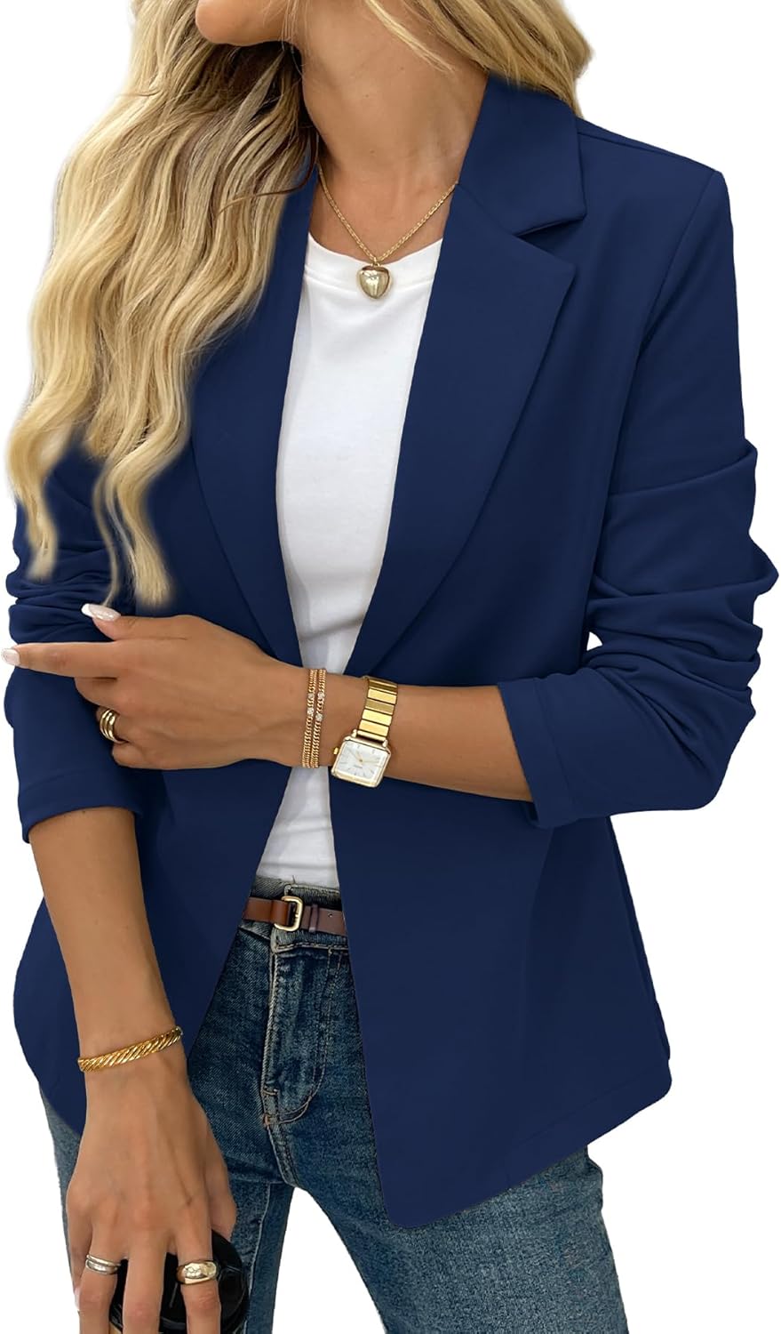 ELLEVEN Women’s Business Casual Open Front Blazers, Stretchy Knit Long Sleeve Blazer Work Office Suit Jackets