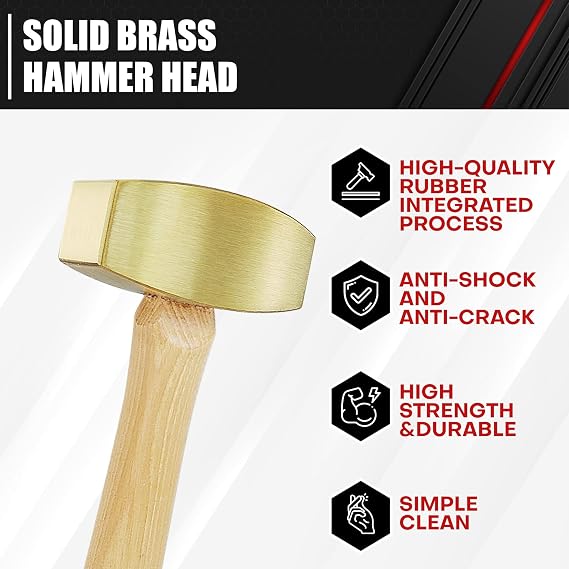 C&T 2 Pound Solid Brass Hammer, Hickory Wood Handle
