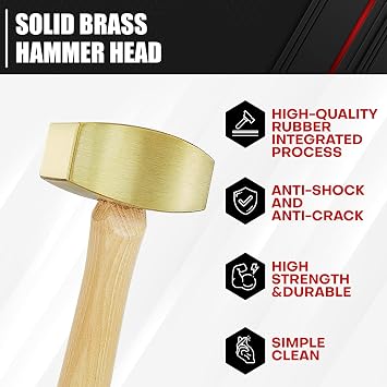 C&T 2 Pound Solid Brass Hammer, Hickory Wood Handle