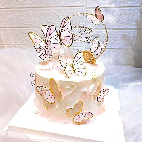 Miniatura 6 de Firot - Juego de 22 decoraciones de mariposa rosa para cupcakes con 1 pieza de alambre de feliz cumpleaños, decoración de pastel de cumpleaños para