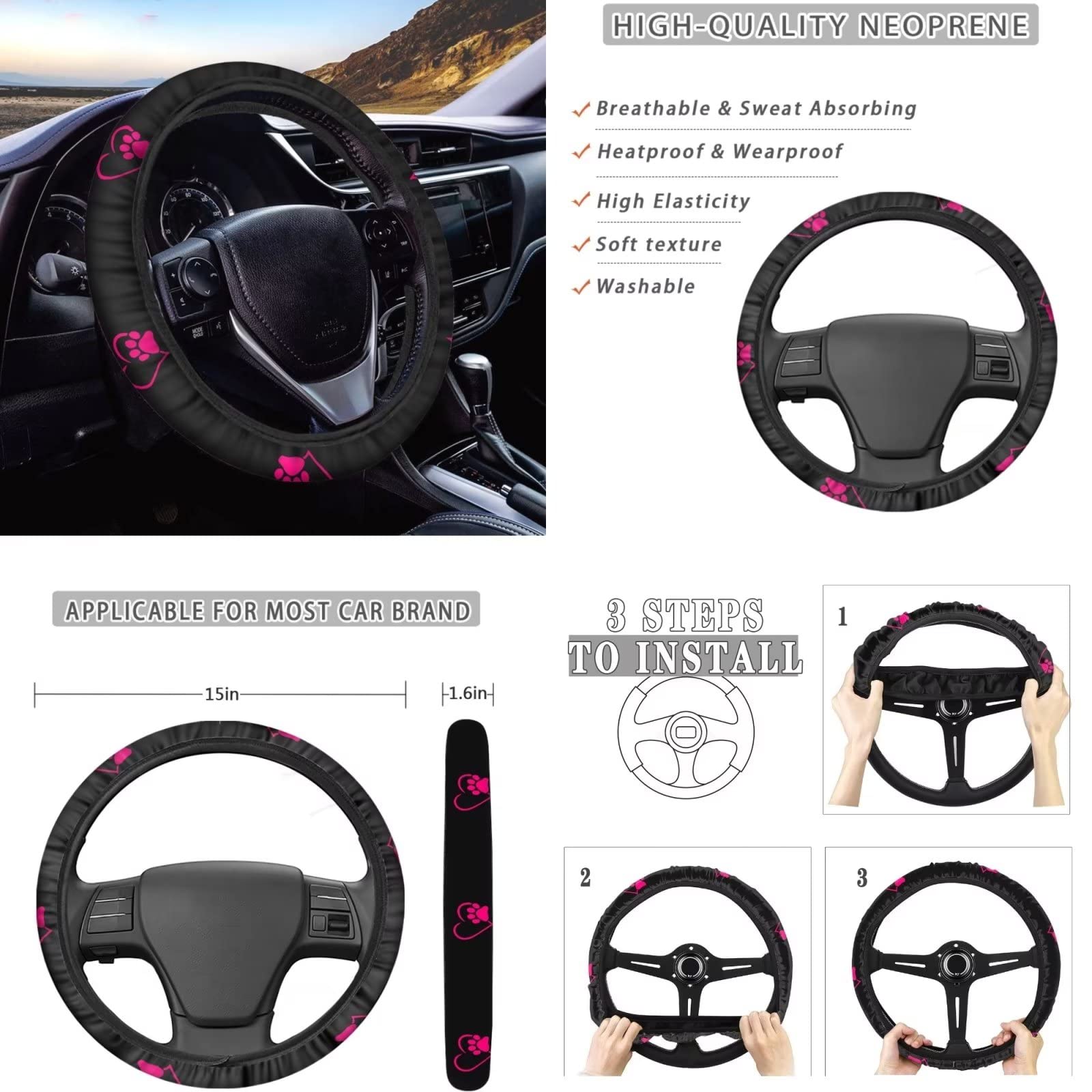 Dolyues Set di 10 accessori per auto con zampa e cuore, coprivolante, portachiavi, portachiavi, bracciolo consolle, sottobicchiere auto, carino