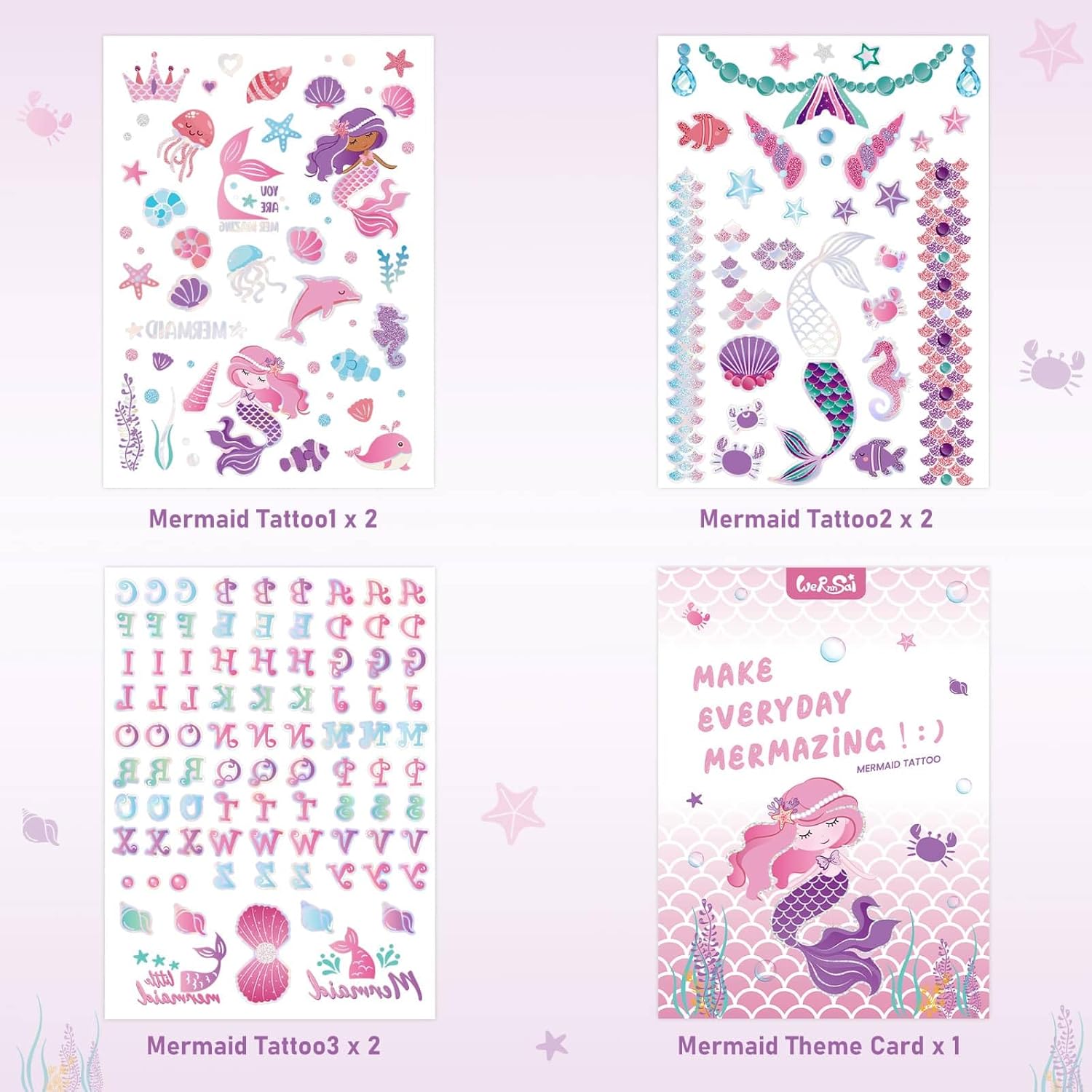 WERNNSAI Mermaid Temporary Tattoos for Kids - 6 Sheets Laser Styles Fake Tattoo Stickers 300+ with Alphabet Stickers Mermaid Tail Tattoos Birthday Party Supplies Decorations for Girls Children