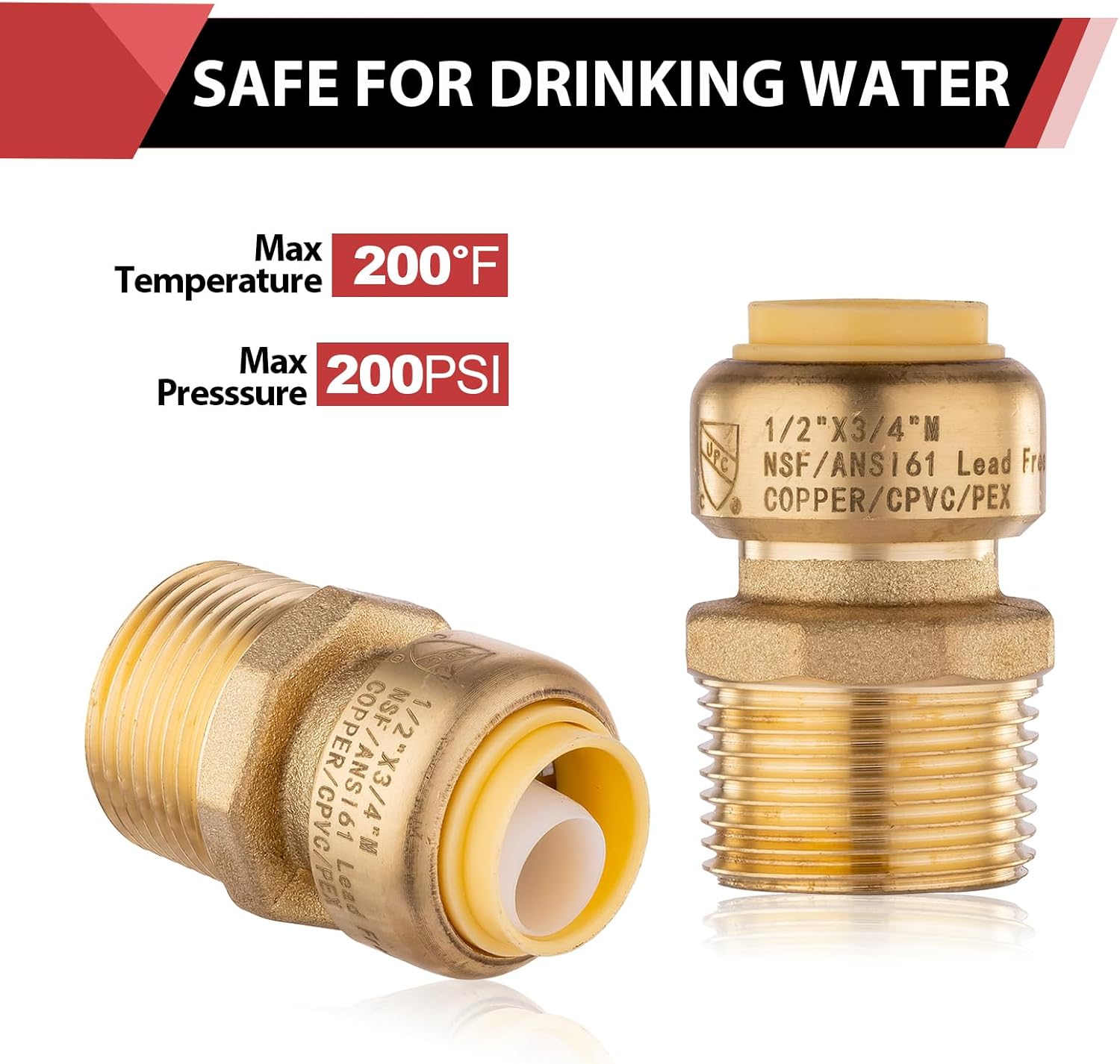 (Pack of 2) EFIELD Push fit 1/2 Inch x 3/4 Inch Male Adapter Push to Connect Pex Copper, CPVC, with a Disconnect Tool,(PF026-2PCS)