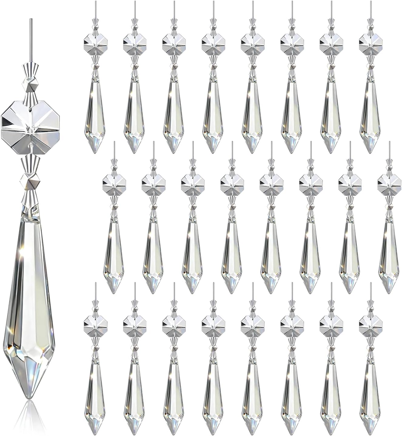 H&D HYALINE & DORA 25pcs 55mm Crystal Replacement Clear Chandelier Icicle Prisms with Octagon Crystal Bead for Lamp Decoration
