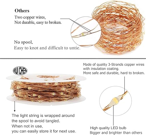 Miniatura 3 de RUICHEN Guirnalda de luces de alambre de cobre enchufable de 33 pies, 100 luces LED con carrete, blanco cálido
