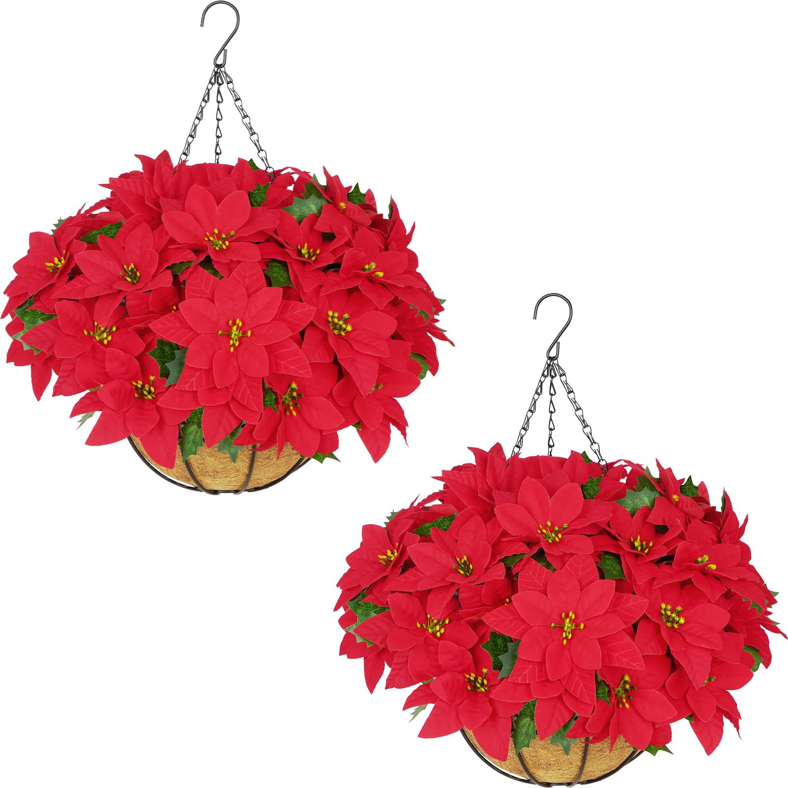 BLEUM CADE Weihnachtsdekorationen - Künstliche Weihnachtsblumen Hängende Weihnachtssterne mit Korb für den Außenbereich, künstliche hängende rote Weihnachtssterne für Weihnachtsdekoration,