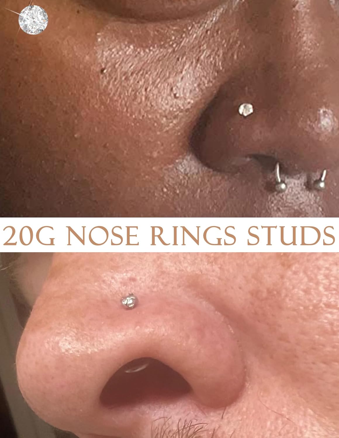 Akeoqi 15Pcs Nose Rings Studs 20G Surgical Steel L Shaped Corkscrew Bone Nose Studs Round Square Diamond CZ Piercings Jewelry for Women Men1.5mm 2mm 2.5mm 3mm 3.5mm Silver Tone - Image 3